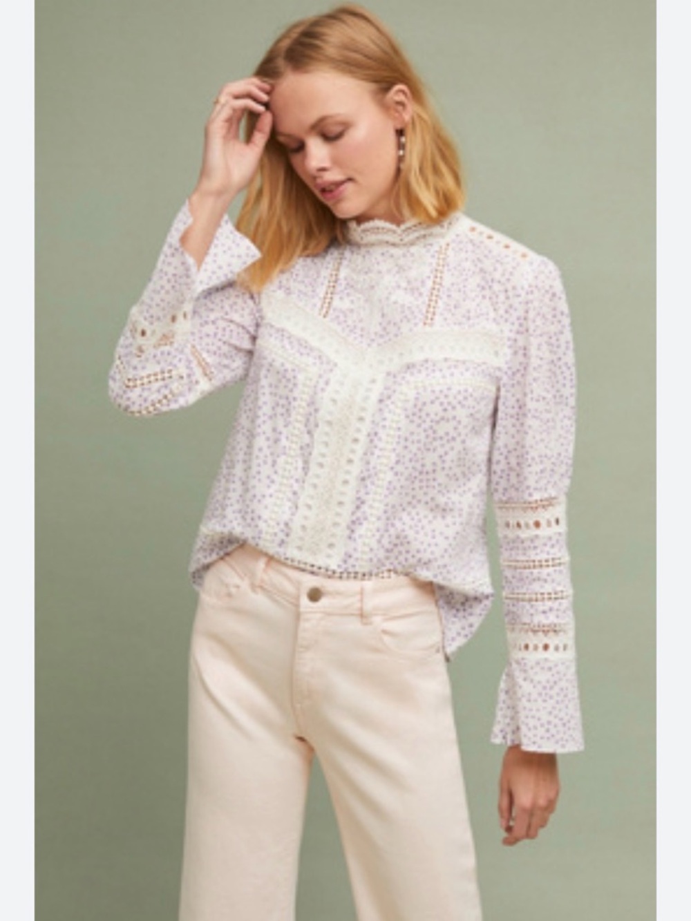 Anthropologie Ranna Gill -Trim Peasant‎ Blouse Lavender Dot Print size small